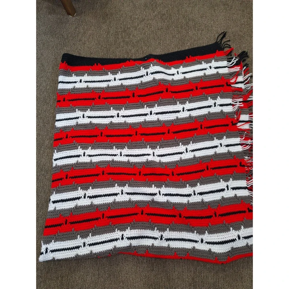 Vintage Handmade Crochet Afghan Blanket Red White Grey Black Stripe Fringe Throw